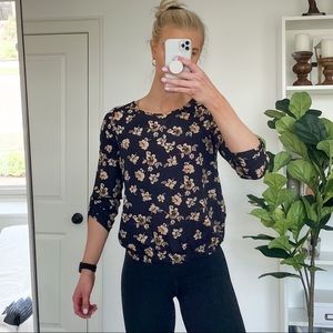 Floral Print 3/4 Sleeve Elastic Waist Blouse